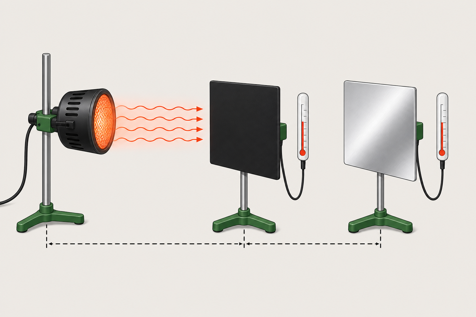Exam-style apparatus diagram comparing infrared radiation absorbed by dull black and shiny metal surfaces at the same distance from a lamp