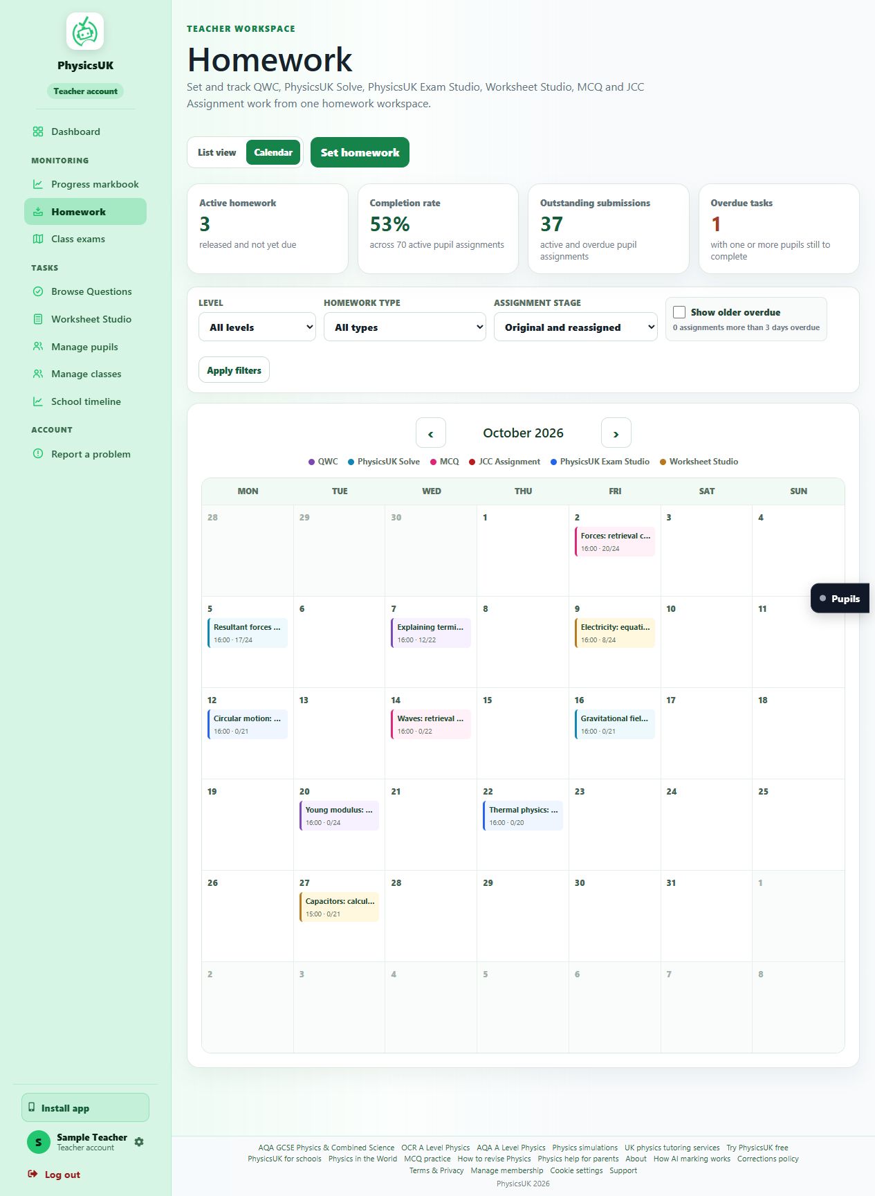 The PhysicsUK homework workspace showing completion totals, filters and a colour-coded monthly calendar of sample physics tasks.